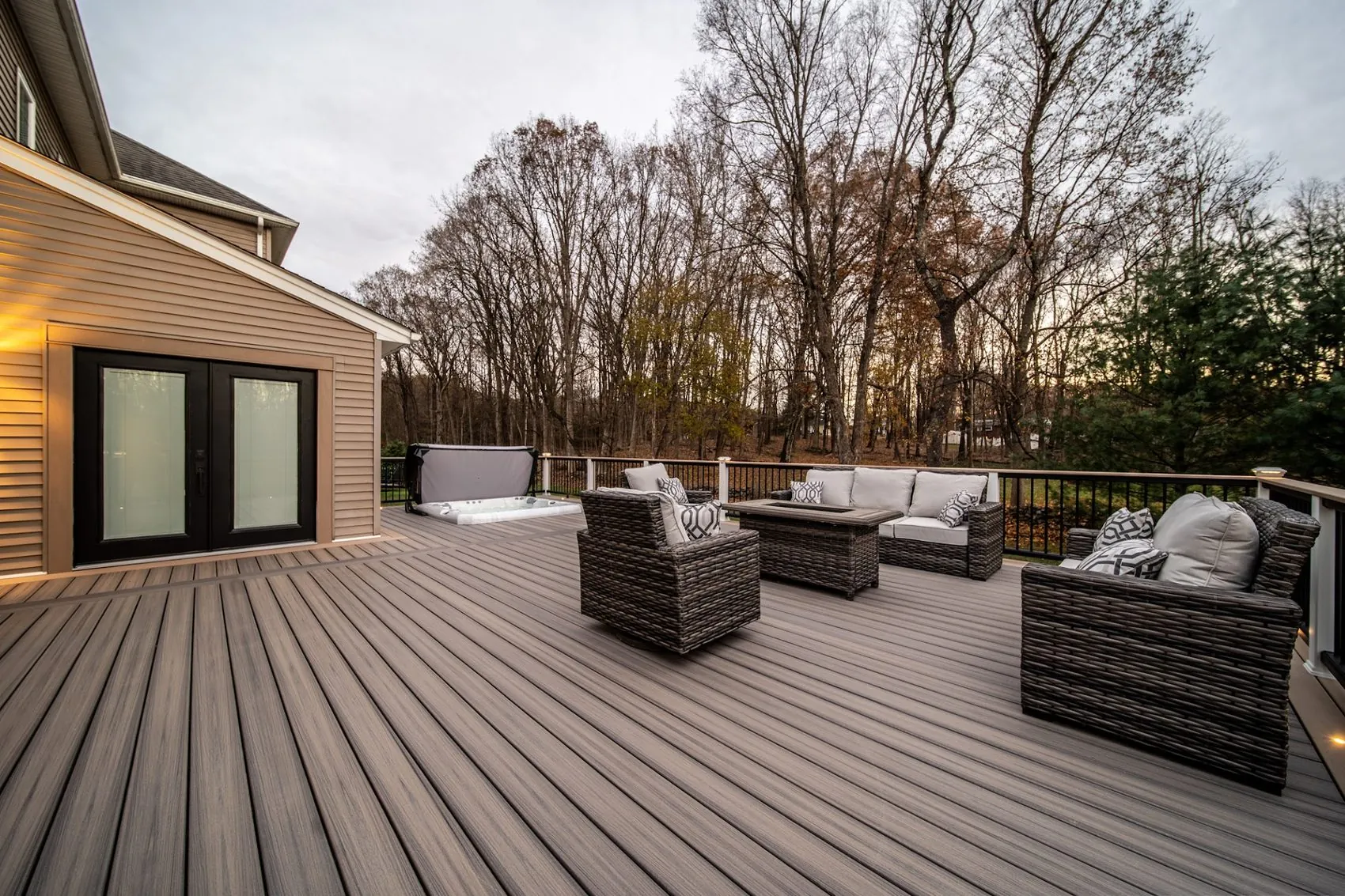 Fire feature and hot tub on a Westchester estate deck
